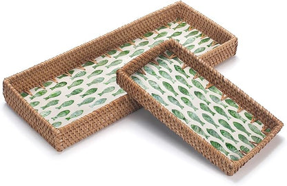 2 Pack Rattan Bathroom Vanity Tray with Mother of Pearl Inlay, Toilet Tank Tray, Toilet Basket Tank Topper, Bathroom Basket for Organizing and Decor (Green Fish)