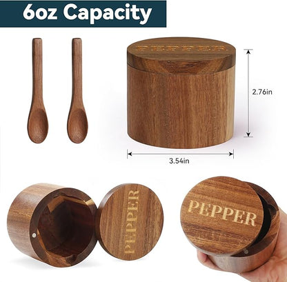 Timtopno PEPPER Cellar, Acacia Wood Salt Container with Built-in Spoon & Swivel Lid, Engraved PEPPER Box, Salt Holder Bowl for Countertop Seasoning Storage