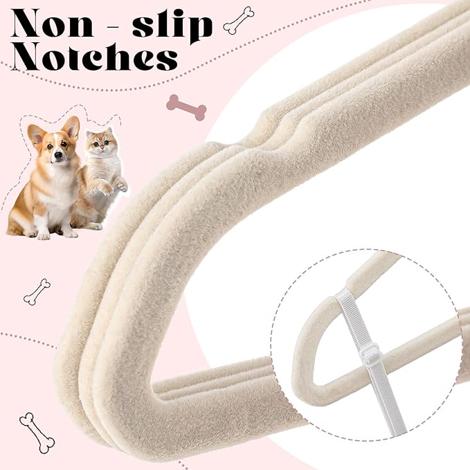 Weysat 24 Pcs Dog Clothes Hangers 11'' Non-Slip & 360° Swivel Velvet Small Pet Beige Hangers for Cats/Dogs with Rustproof Metal Hooks, Space-Saving for Home Storage & Grooming Salons Minimalism