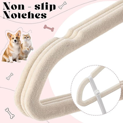 Weysat 24 Pcs Dog Clothes Hangers 11'' Non-Slip & 360° Swivel Velvet Small Pet Beige Hangers for Cats/Dogs with Rustproof Metal Hooks, Space-Saving for Home Storage & Grooming Salons Minimalism
