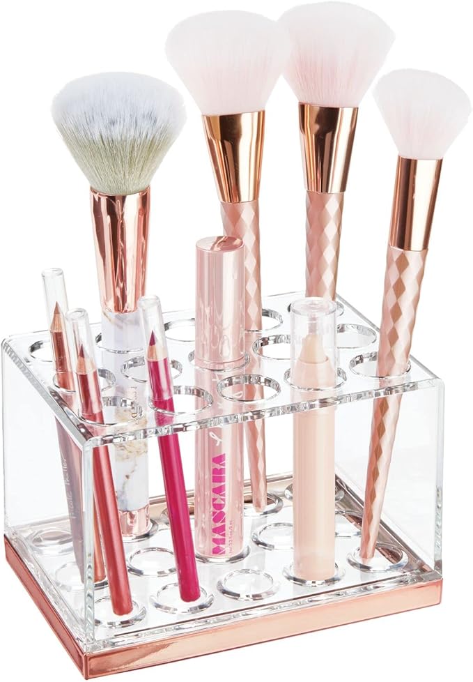 mDesign Plastic Makeup Brush Storage Organizer with 15 Slots for Bathroom Countertop, Vanity to Hold Eye/Lip Pencils, Lip Gloss, Liners, Lipstick - Clear/Rose Gold