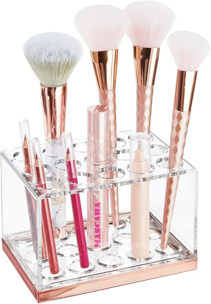 mDesign Plastic Makeup Brush Storage Organizer with 15 Slots for Bathroom Countertop, Vanity to Hold Eye/Lip Pencils, Lip Gloss, Liners, Lipstick - Clear/Rose Gold