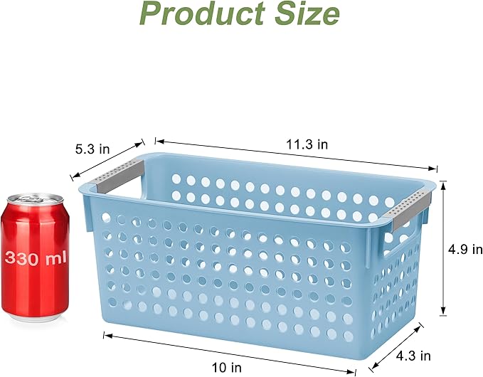 Soddeph 4 Pack Slim Plastic Storage Basket with Handles, Rectangular Storage Bins for Shelves,Narrow Organizer box for Organizing, Kitchen,Home,Office (Blue, Small)