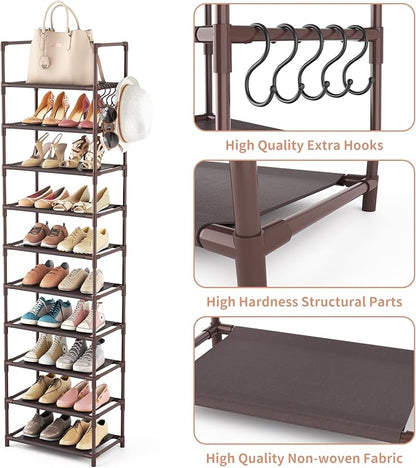 LANTEFUL 10 Tiers Tall Shoe Rack 20-25 Pairs Boots Organizer Storage Sturdy Narrow Shoe Shelf for Entryway, Closets with Hooks, Brown