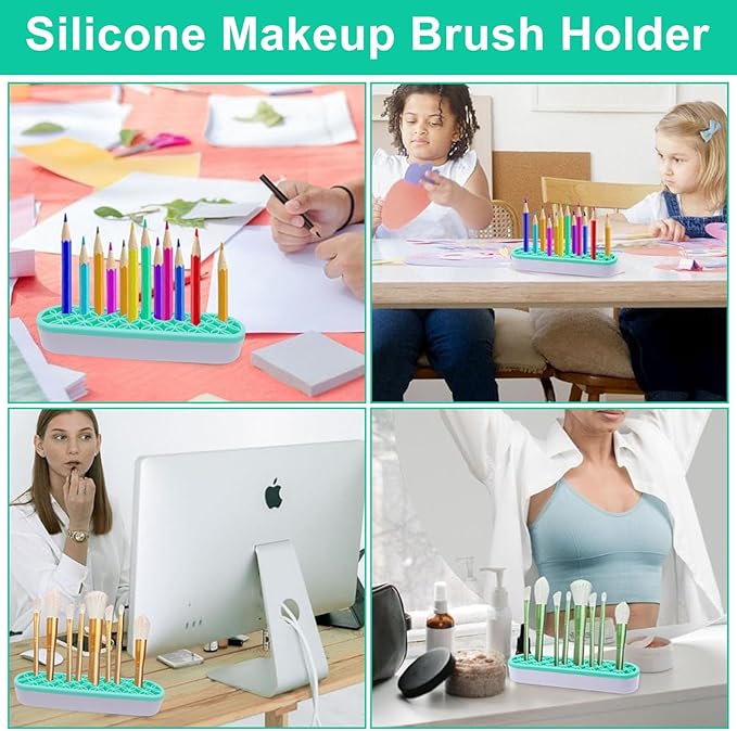 1Pcs Makeup Brushes Holder Silicone Make Up Brush Holder Stand Makeup Vanity Brush Holders for Painting Pen Brushes Nail Clippers Drill Pens Ruler Sewing Craft Tools (Green)