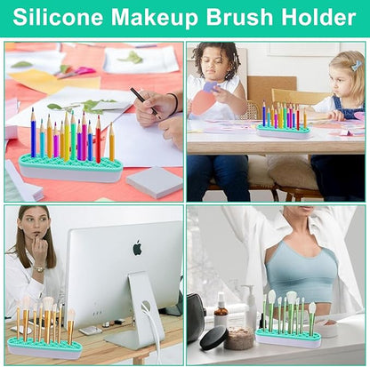 1Pcs Makeup Brushes Holder Silicone Make Up Brush Holder Stand Makeup Vanity Brush Holders for Painting Pen Brushes Nail Clippers Drill Pens Ruler Sewing Craft Tools (Green)