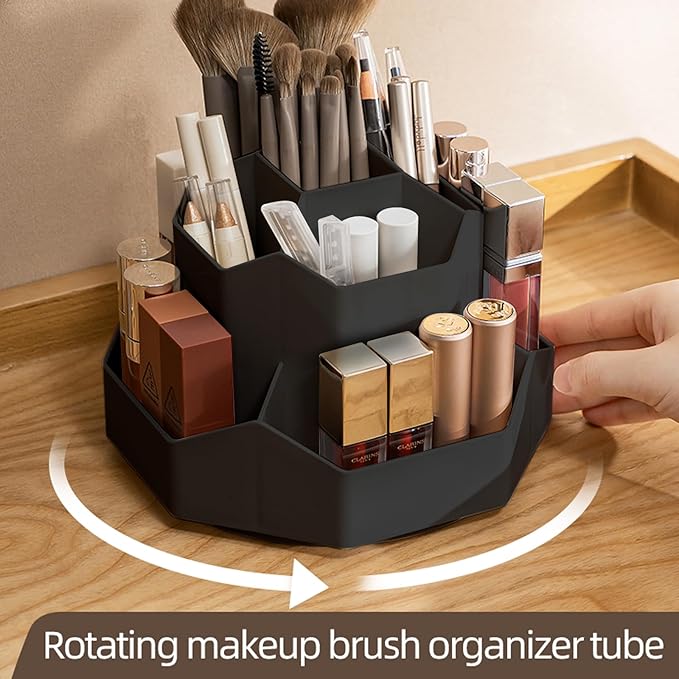 360° Rotating Black Makeup Brush Holder Organizer with 9 Slots, Makeup Organizers Countertop, Makeup organization and Skincare Storage for Vanity, Desktop, Bathroom (BLACK)