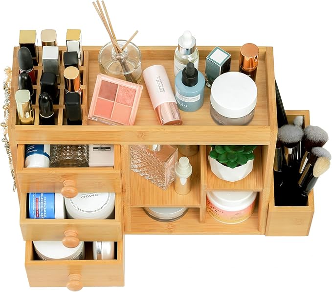 Elsjoy Large Countertop Bamboo Makeup Organizer with 3 Drawers, 12-Grid Lipstick Holder, Jewelry Hanging Hooks, Makeup Brush Holder, Desktop Wood Cosmetic Organizer Stand for Vanity