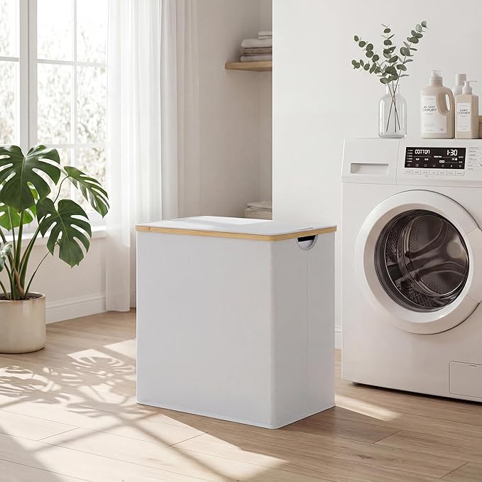efluky Laundry Hamper with Lid, Double Laundry Basket with 2 Removable Bags, 2 Section Laundry Bin with Bamboo Handles for Bathroom, Bedroom & Laundry Room, 140L (36.9 Gallon) Light Grey