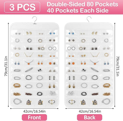 3 Pack Hanging Jewelry Organizer, 80 Clear Pockets earring organizer and storage, Accessories holder organizer for Closet, Jewelries, Necklace, Travel