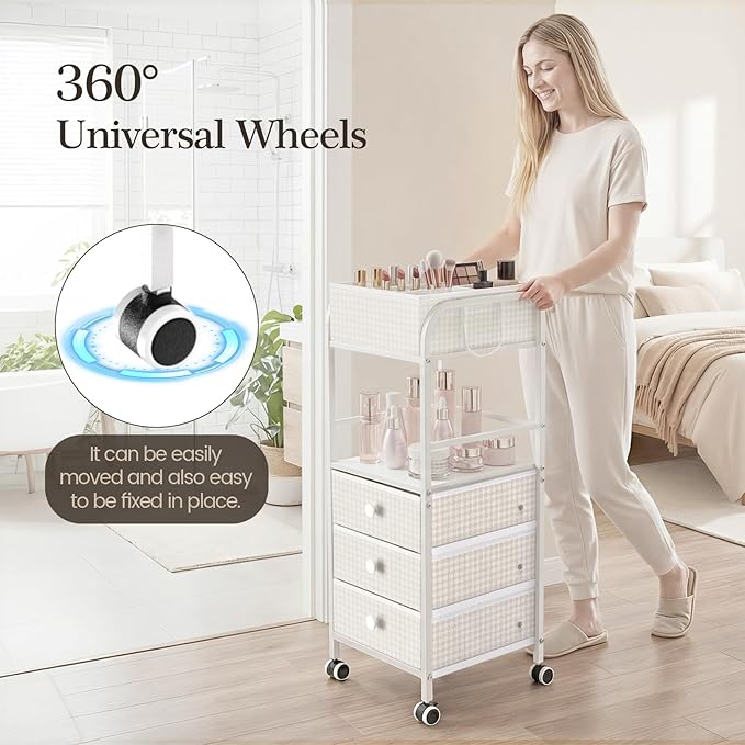 2-in-1 Makeup Organizer Cart with Removable Travel Cosmetic Bag, 5 Tier Rolling Makeup Cart on Wheels with Drawers, Floor Cosmetic Display Cases Holder for Vanity Skincare Perfume Nail Polish Storage