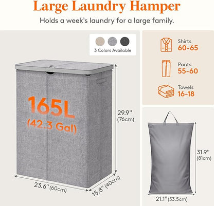 Lifewit 165L Large Laundry Basket with Lid, Laundry Hamper with Plastic Handles and Removable Bag, Foldable Tall Dirty Clothes Hampers for Laundry for Laundry Room, Bedroom, Bathroom, Dorm, Light Gray