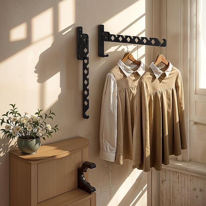 2 Pack Wall Mount Coat Hanger Holder Black Clothes Drying Organizer Rack Garment Hooks Aluminium Retractable Folding Indoor Wall Mounted Hanger Space Saver for Laundry Room Bedroom Black