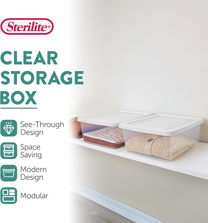 Sterilite 12-Pack Clear Storage Box, Stackable Container Bins with Lids, 12 Qt, White – Plastic Containers for Home, Closet, Bathroom, and Office Organization