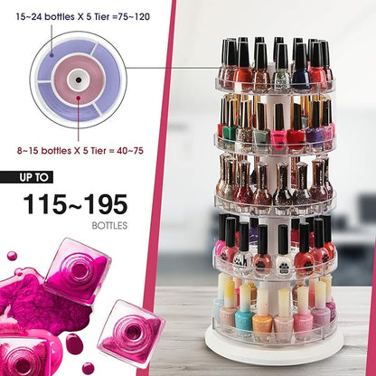 J JACKCUBE DESIGN Acrylic Rotating Nail Polish Display Stand Spinning Rack Holds 115 - 195 Bottles, 5 Tier Storage Holder Organizer for Nail Polish, Makeup, Essential Oil and more- MK548A