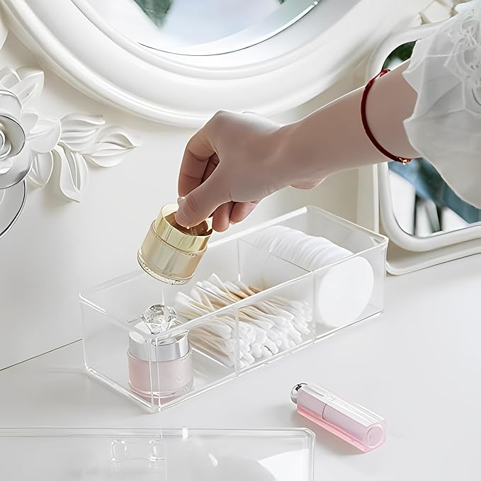 Sooyee Qtip Holder Rectangle Cotton Ball and Swab Holder Organizer with Lid, Dustproof,Waterproof,Clear Acrylic 3 Compartment Cotton Pad Container for Cotton Swabs, Make Up Pads, Cosmetics