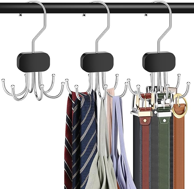 Belt Hanger for Closet, 3PCS Belt Organizer for Closet 360°Rotating Max 72 Belt, Tie Rack Hanger for Closet Tie Organizer for Closet Belt Holder for Closet for Belt,Tie,Tank Top,Bra,Scarf,Hat