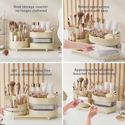 DASITON Makeup Organizer Countertop, 360° Rotating Makeup Brush Holder Organizer, Large Capacity Cosmetic Display Case with Drawers, Makeup Storage Organizer for Vanity, Desktop, Bathroom (Cream 02)