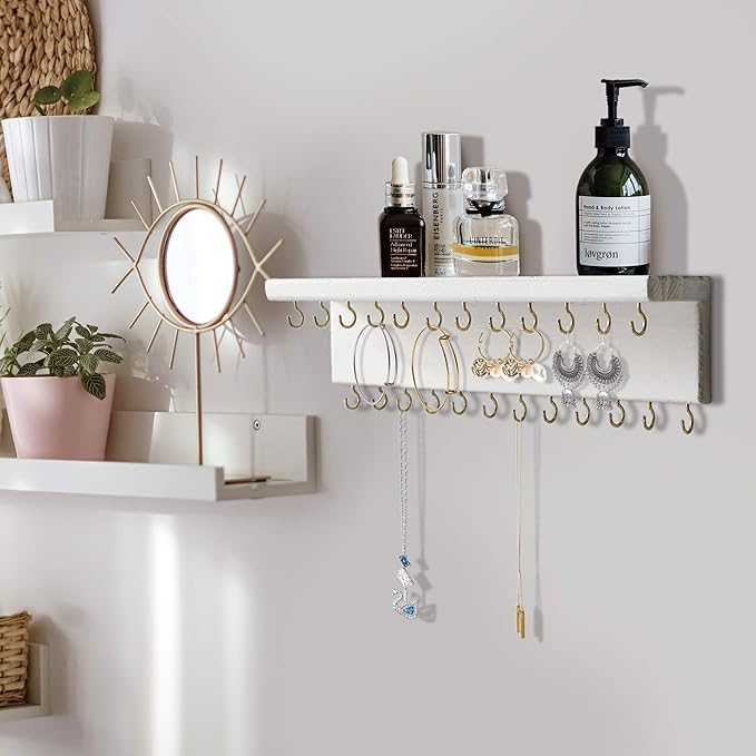 SANY DAYO HOME Necklace Holder Organizer Wall Mounted Jewelry Shelf with 24/30 Hooks, White