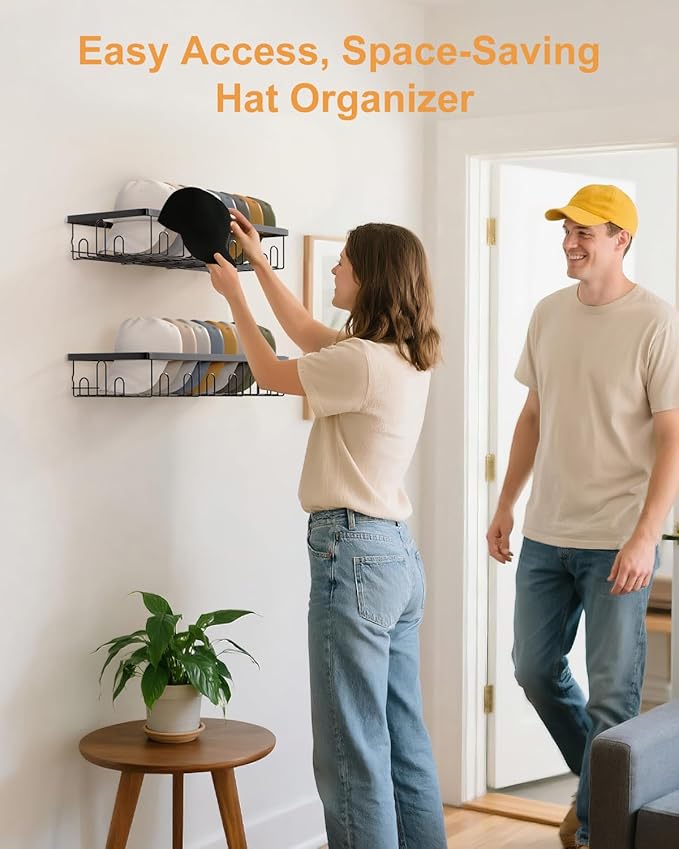 Hat Rack for Wall, 2 Pack Large Hat Organizer with More Hooks, Holds 56 Caps, Metal Wall Mounted Hat Holder for Baseball Caps, Closet Bedroom Kitchen Bathroom, Black
