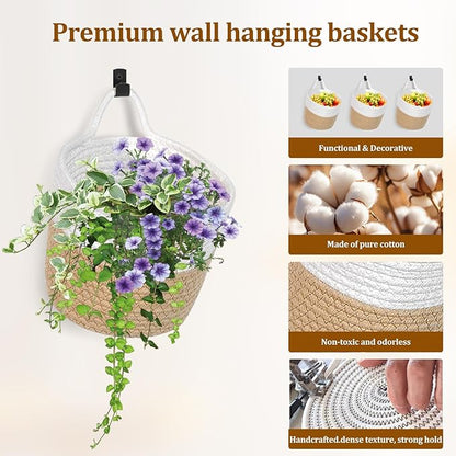 Fabric Wall Hanging Baskets 3 Pack - Woven Storage Organizers with Adhesive Hooks, Boho Style Wall Mounted Pouches for Home Kitchen Door (Large, White & Coffee)