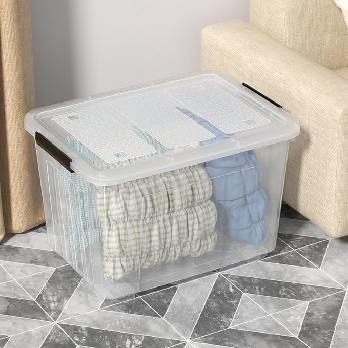 70 Quart Large Plastic Storage Boxes with Wheels, Clear Latching Box, 4 Packs