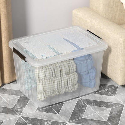 70 Quart Large Plastic Storage Boxes with Wheels, Clear Latching Box, 4 Packs