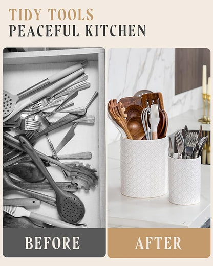Nucookery Utensil Holder, Extra Large Ceramic Utensil Crock for Kitchen Counter, Stable Spatula & Flatware Organizer, Farmhouse Embossed Kitchen Decor, Set of 2 (Petal Pattern)