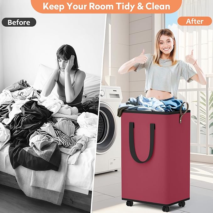SpaceTrove Laundry Basket with Wheels, Collapsible Laundry Baskets, Laundry Hamper with Handles Detachable Wheels, Rolling Laundry Basket, Dirty Clothes Hamper for Bathroom, Dorm, Bedroom, Red, 100L