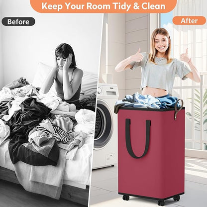 SpaceTrove Laundry Basket with Wheels, Collapsible Laundry Baskets, Laundry Hamper with Handles Detachable Wheels, Rolling Laundry Basket, Dirty Clothes Hamper for Bathroom, Dorm, Bedroom, Red, 100L
