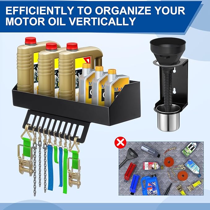 Zonon 6 Quart Motor Oil Bottle Holder Oil Bottle Storage Rack with Funnel Holder Organizer Wall Mount for Shed Garage, Pegboard, Workshop, Home, Enclosed Race Trailer Shop, Fit Most of Storage Tool