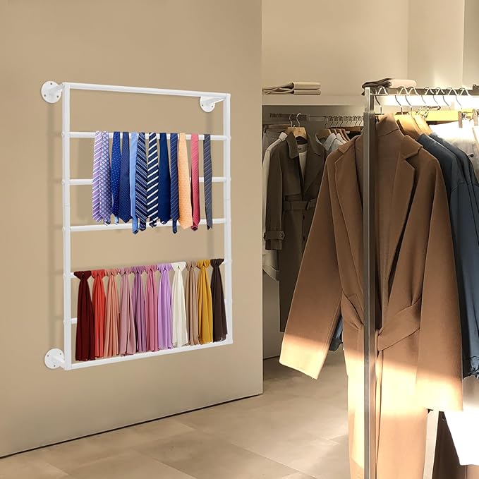 Wall Mounted Display Rack, 7-Tier Wall Mounted Scarf Rack, White Towels Storage Rack, Wrapping Paper Ribbon Organizer, Metal Wall Display Rack for Bedroom, Retail Store, Flower Shop