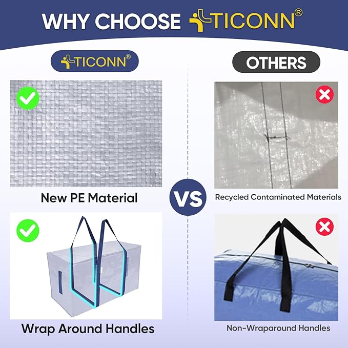 TICONN 4 Pack Extra Large Moving Bags Heavy Duty with Zippers & Carrying Handles, Durable Storage Bags Moving Boxes for Closet Organizers and Storage (4 Pack, Navy)