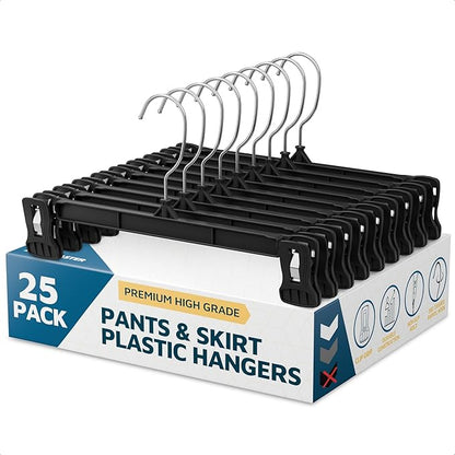 Lifemaster Pants Hangers with Clips Pack of 25, 12-Inch Heavy-Duty Clothes Hangers with Non-Slip Ridged Grip Clips & 360° Swivel Hook, Space-Saving Closet Organizer for Pants, Skirts & Shorts, Black