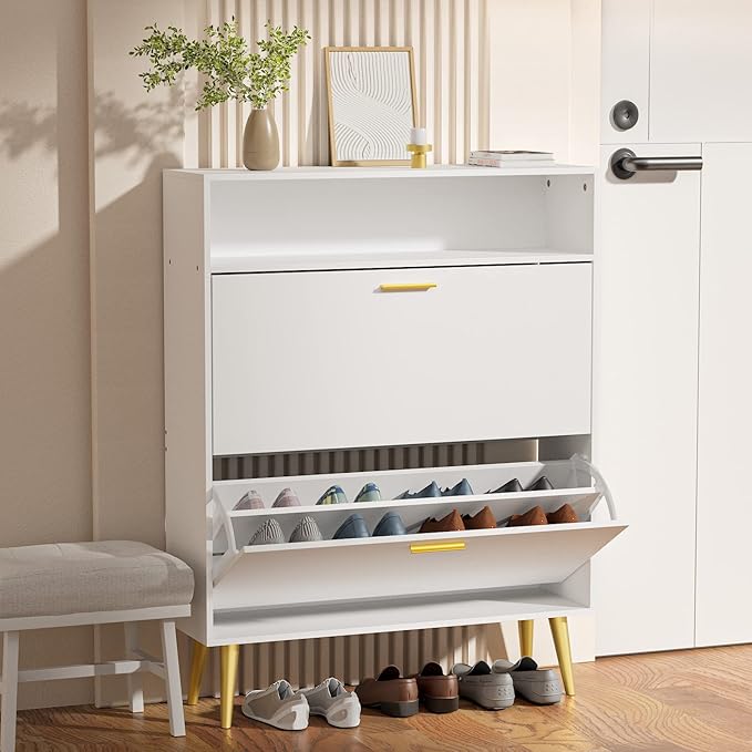 JOZZBY Shoe Cabinet for Entryway, White Narrow Shoe Storage Cabinet with 2 Flip Drawers, Freestanding Hidden Shoe Rack Storage with Open Shelves for Hallway, Living Room, Set of 2