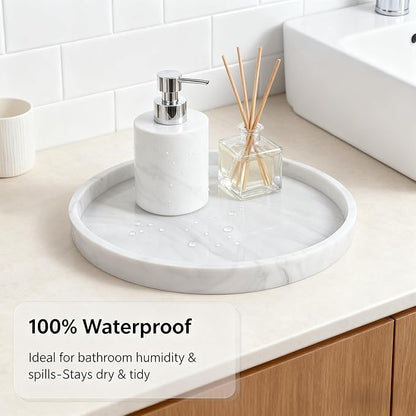 Silicone Bathroom Tray - 9-Inch Round Vanity Tray, Suitable for Candles, Perfumes, Soap Dispensers (Marble White)