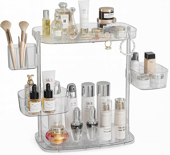 Acrylic Makeup Organizer, 2-Tier Large Capacity Cosmetic Storage Rack with Clear Shelves, Perfume and Skincare Organizer for Bathroom Countertop, Vanity and Dressing Table