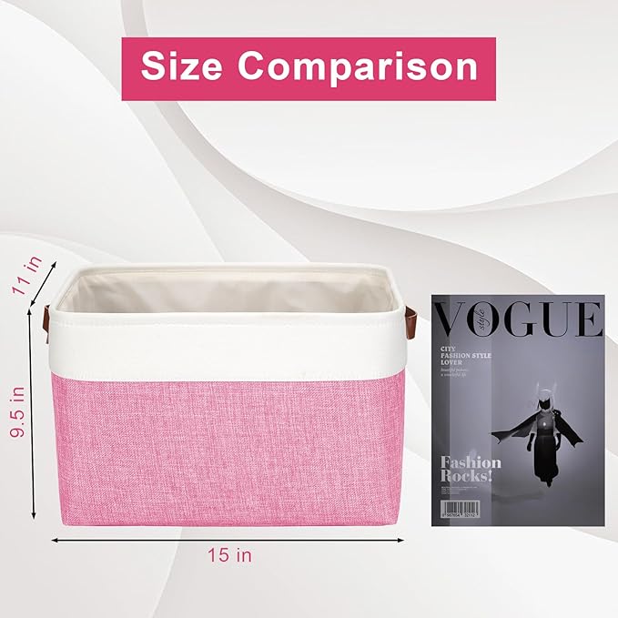 Bagnizer Storage Bins Large Fabric Storage Baskets for Shelves 3 Pack, Decorative Linen Closet Baskets with Handles for Organizing, Shelf, Clothes, Home, Office, 15x11x9.5Inches (Pink&White)