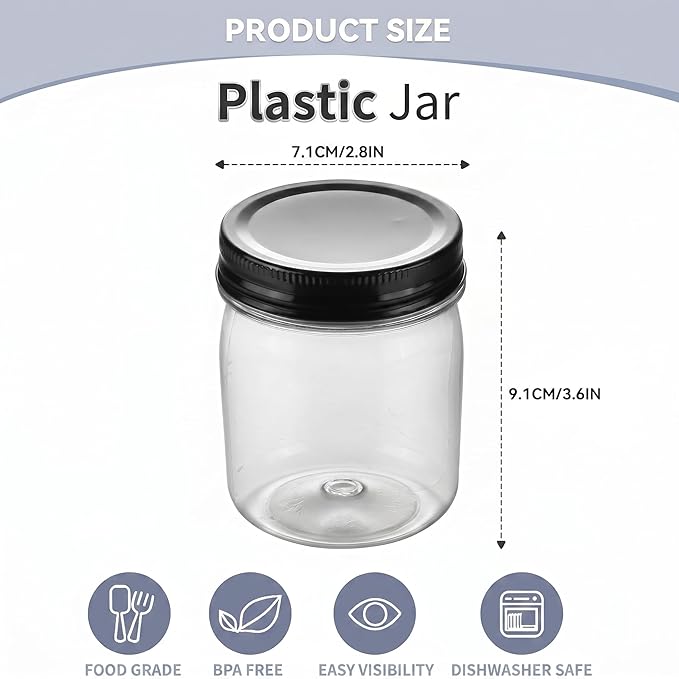 novelinks 8 oz Clear Plastic Jars with Airtight Lids, 16 Pack Plastic Mason Jars with Lids 8oz, Refillable Storage Slime Containers & Small Spice Jar for Kitchen Organization (16 Pack,Black)