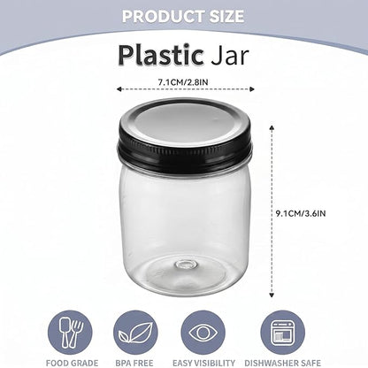 novelinks 8 oz Clear Plastic Jars with Airtight Lids, 16 Pack Plastic Mason Jars with Lids 8oz, Refillable Storage Slime Containers & Small Spice Jar for Kitchen Organization (16 Pack,Black)