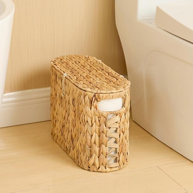 YANGQIHOME Toilet Paper Storage, Water Hyacinth Toilet Paper Storage with Lid, Papers Container for up to 6 Mega Rolls, Bathroom Basket Organizer