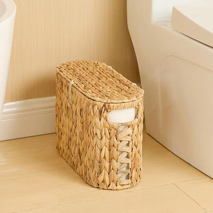 YANGQIHOME Toilet Paper Storage, Water Hyacinth Toilet Paper Storage with Lid, Papers Container for up to 6 Mega Rolls, Bathroom Basket Organizer