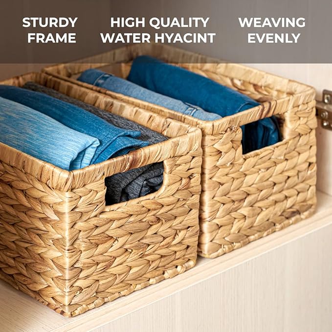 BARIEN Set of 6 Natural Water Hyacinth Woven Storage Baskets 12.6” x 8” x 7”, Rectangular Wicker Basket with Built-in Handles, Medium (Natural - Set of 6)