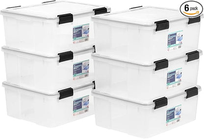 IRIS USA WeatherPro 31 Qt Storage Bins with Lids, 6 Pack, BPA-Free Plastic Gasket Box with Tight Latch and Seal, Stackable Nestable Tote Tub - Clear/Black