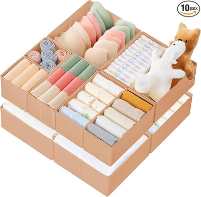 Criusia Drawer Organizer Clothes, 10 Pack Dresser Organizer for Baby Clothes, Underwear, Sock- Foldable Closet Organization and Storage Dividers Bins for Nursery, Bedroom (Brown)