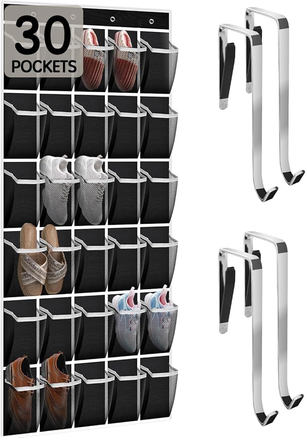 Kotkn Over the Door Shoe Organizer with 30 Breathable Mesh Pockets - Large Capacity Closet Storage for Men & Women, Hanging Shoe Rack Organizer (Black, 30-Pocket)
