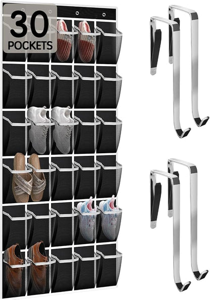 Kotkn Over the Door Shoe Organizer with 30 Breathable Mesh Pockets - Large Capacity Closet Storage for Men & Women, Hanging Shoe Rack Organizer (Black, 30-Pocket)