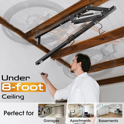 Vanesa Hydraulic Bike Ceiling Mount for Garage - Heavy Duty Pull Down Bike Hanger, Folding Overhead Bike Storage Hoist Holds Up to 66 lbs, Space Saving Bicycle Mount for Garage/Indoor