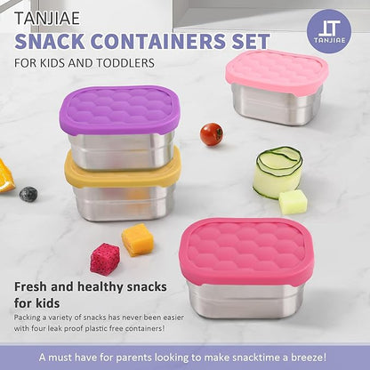 Tanjiae 4Pack Small (1 CUP) 8oz Stainless Steel Snack Containers for Kids | Reusable Easy Open Toddler Snack Containers with Silicone Lids | Stackable Toddler Lunch Box for Daycare, School and Travel