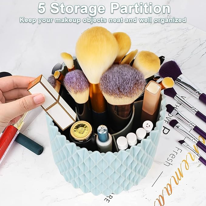 WAFJAMF Makeup Brush Holder 360 Rotating Cosmetics Holders Storage Cup for Vanity Desktop Bathroom Countertop 5 Slot Makeup Brushes Container - Classic Style - Haze Blue